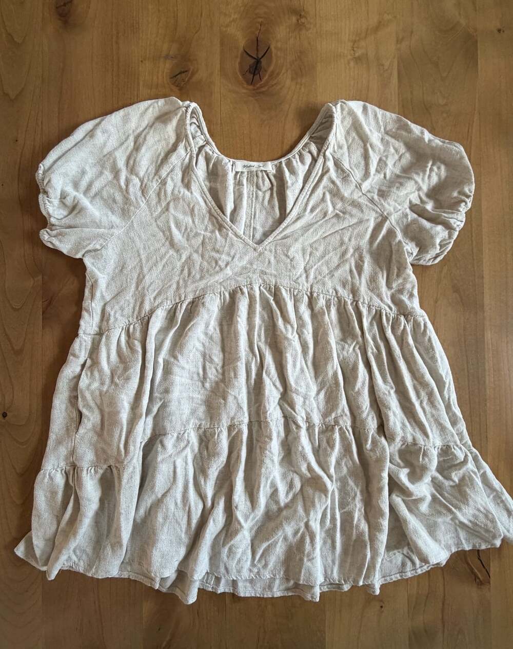 Mustard Seed Cream V-Neck Short Puff Sleeve Tiered Babydoll Top Size L